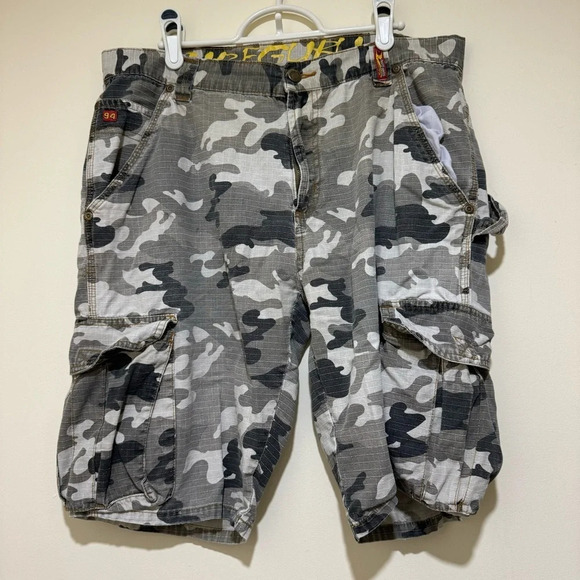 Men’s Y2K Surf Guru Brans Camo  Print Baggy Carpenter Style Denim Shorts Size 34 - Picture 1 of 16